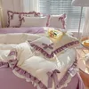 Set di biancheria da letto Pink Girl Set Luxury Princess Ruffle Bow Biancheria da letto Addensare Copripiumino in cotone lavato caldo Lenzuolo Federa Decor Camera da letto 230802