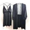 Women's Sleepwear Ladies Lace Trim Kimono Robe Gown Suit Spring Summer Satin 2PCS Nighty Set Sexy Deep V-Neck Strap Nightgown Camisole