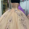 Champagner, schulterfrei, mit Spitze und Blumenapplikation, Quinceanera-Kleider, Ballkleid, Tüll, Festzug, Abschlussball, Party, Süße 15-16