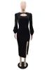 Casual Dresses Elegant Bodycon Women's Dress Office Lady Hollow Out Split Vestido Sexy Slim Long Sleeve Robe Black African Clothing