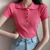 Kobiety swetry Lucyever Turndown Kołnierz Kobiety Sweter T-shirty Letni żebrowane cienkie dzianiny Tops Woman Korean Button Up Cropped