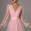 Casual Dresses Sexig Bourgogne Midi Wedding Dress for Women Elegant Puff Long Sleeve Evening Party Gown Ladies Patchwork Tulle Graduation