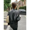 Jaquetas femininas de couro feminino primavera outono preto falso bomber com zíper para cima casaco curto básico gola virada para baixo jaqueta motociclista Q354