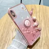 Flower Soft TPU Metal Finger Ring Holder Falls For iPhone 15 Pro Max 14 Plus 13 12 11 8 7 6 X XR XS Diamond Bling Glitter Chromed Metallic Plating Gradient Kickstand Cover