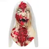 Party-Masken, Halloween, gruselige Zombie-Maske, Horror, weiblich, blutig mit schwarzen Haaren, gruselige realistische Vollkopf-Latex-Maske, Cosplay-Party-Requisite L230803