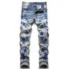 Mäns jeans Slim Fit Elastic Four Seasons Splice Cotton Balloon Embrodery Leather Mark Perforated Print Fashion