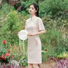 Etniska kläder Elegant traditionell mandarin krage chiffon qipao trumpet hyls lämnar spetsar mellan längd cheongsam retro kinesisk kvinnlig klänning