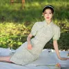 Ethnic Clothing Chinese Sexy Mandarin Collar Short Sleeve Chiffon Cheongsam Women Dress Handmade Buttons Lace Qipao