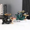 Decorative Objects Figurines Lying Black French Bulldog Butler with Double Gold Metal Tray Dog Statues and Sculptures Room Decor Home Statue Ornament 230802