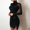 Casual Jurken 2023 Mesh Transparant Sexy Zwarte Vrouwen Jurk Glanzende Print Coltrui Lange Mouwen Bodycon Avond Party Mini Vest