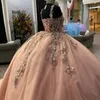 Rosa spaghetti rem quinceanera klänning tulle snörning applikationer bollklänning födelsedagsfest klänning vestidos de 15 anos