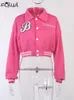 Kvinnorjackor FQLWL Pink Baseball Fashion Fall Jackets för kvinnor Pocket Button Purple Crop Top Jackets rockar Gray Varsity Bomber Jacket 230803