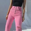 Jeans Femme Rose Chic Déchiré Été Femmes Taille Haute Multi-Bouton Pantalon Large Jambe Couleurs Solides Pantalon Décontracté Décontracté Noir Streetwear