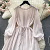 Abiti casual Clothland Donna Dolce volant Chiffon Abito pieghettato Telai Manica lunga Una linea Estate Carino Midi Vestido QC697