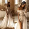 럭셔리 인어 웨딩 드레스 어깨 긴 소매에서 높은 사이드 스플릿 신부 가운 맞춤형 스윕 트레인 로브 드 마리에