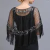 Szaliki z lat dwudziestych szale zdobyt z koralikami cekin fringe evening Cape Sheer Mesh Małże ślubne na przyjęcie weselne