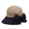 Wide Brim Hats Female Summer Beach Hat Knitted Sun Caps Patchwork Bow Tie 58cm Breathable Grid Outing Travel Sunshade Foldable TY0161