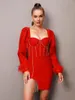 Robes décontractées arrivée femmes hiver Sexy à manches longues diamants Crystla rouge Mini moulante robe de pansement 2023 élégante soirée Club fête