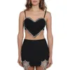 Kvinnors tankar Cami hjärtformad lapptäcke Diamond Crop Top Black Crystal Trim Tank 230802