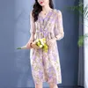 Sıradan Elbiseler 2023 Yaz Vintage Kadınlar için Zarif Şık V Yastık Yüksek Bel Çiçek Baskı Elbise A-Line Gerçek İpek Kadınlar Uzun