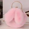Kvällspåsar Sling Bag Women Pink Rabbit Ears Bag Chain Shoulder Crossbody Bag Plush Handväska Women 230803