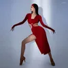 Sahne Giyim Latin Dans Elbisesi Kadınlar 2023 Tasarımcı Giysileri V Boyun Slit Etek Performans Kostüm Rumba Salsa Uygulaması BL9230