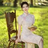 Ethnic Clothing Chinese Sexy Mandarin Collar Short Sleeve Chiffon Cheongsam Women Dress Handmade Buttons Lace Qipao