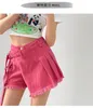 Damskie szorty koreańskie różowe kobiety nieregularne fałszywe dwa dżinsy spódnice dżinsy krótkie dna feminino s-xxl 230802