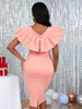 Grundläggande casual klänningar Aomei Women Pink Party Dress Bodycon Elegant Ruffle Sleeves Bow V Neck Slim firar Midi Birthday Cocktail Event Cute Prom 230802