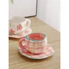 Canecas pintadas à mão flor cerâmica xícara de café caneca com pires checkerboar café da manhã leite suco chá alça irregular presente