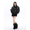 Women's Leather Kohuijoo Autumn Winter Shearling Short Jacket 2023 Thick Warm Lambswool Oversize Black Zipper Motorcycle Coat Loose