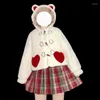 Fourrure femme Kawaii Loli veste à capuche filles Faux ours en peluche Lolita manteaux zippés femmes mignon collège Style doux fourrure chaud pardessus