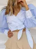 Kadın Bluzları 2023 Gömlek Güz Günlük Patchwork Üstler Fener Uzun Kollu Çizgili Ofis Moda Kavuzu