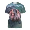 Camisetas masculinas 2023 verão casual moda divertida hipopótamo camiseta estampada em 3D street top camisa de manga curta na moda solta