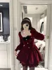 Casual Dresses 2023 Autumn Women Red Elegant Christmas Party Dress Female Lace Patchwork Long Sleeve Mini French Square Collar Prom
