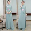 Etniska kläder 2023 Kvinnor Flower Printing Aodai Vietnam Cheongsam Set Chinese Traditional Dress Top Pants