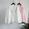 Women's Sweaters Kawaii Pink Color Ruffles Women Cardigan Full Sleeves Floral Embroidery Sweet Loose Casual Knitting Jackets Lady Jumpers