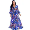 Basic Casual Dresses Printed Vintage Women Floral Maxi Dress Plus Size Long Sleeves V Neck Chiffon Loose Robe Dresses Beach Vestidos 2019 New P4ZS 2023