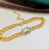 Strand Crystal Cuban Link Bracelet z zielonym kamieniem gruby łańcuch dłoni dla kobiet złoto platowane na nadgarstku krawężniki pulsera