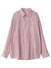 Damesblouses Shirts CHIC VEN Mode Damesoverhemd Los gestreept Roze Linnen Blouses voor dames Lange mouw Vrouwelijke Top Zonnebrandcrème Jas Zomer 230802