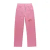 Jeans Femme Rose Chic Déchiré Été Femmes Taille Haute Multi-Bouton Pantalon Large Jambe Couleurs Solides Pantalon Décontracté Décontracté Noir Streetwear