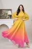 Basic Casual Dresses Miyake Pleated Belts Gradient Color Luxury Yellow and Pink Long Sleeve Soft Round Neck Casual Dresses For Women Plus Maxi 230802