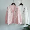 Women's Sweaters Kawaii Pink Color Ruffles Women Cardigan Full Sleeves Floral Embroidery Sweet Loose Casual Knitting Jackets Lady Jumpers