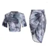 T-shirts pour femmes Tie-Dyed Impression 2pcs Style Imprimé Short Top Sexy Slim Fit Jupe Ensemble Pour Femmes Dames Tenue D'été Porter Chemise Bleu / Gris