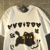Camisetas masculinas americana retrô estilo preppy estilo gatinho padrão t-shirt homens e mulheres roupa de casal verão solta Harajuku top de manga meia Y2k