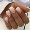 False Nails 24Pcs Pink French Nail Long Ballet Fake With Rhinestone Wearable Coffin Full Cover Tips Manicure Press On