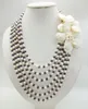 gargantilla bonita! 6 filas de perlas blancas naturales / flores de concha de cristal Collar de boda nupcial clásico