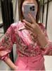 Blusas de mujer Camisas Rosa Paisley Satén Blusa para mujer Moda Primavera Manga larga Cuello vuelto Camisas casuales para mujer Tops femeninos vintage 230802