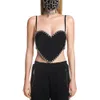 Kvinnors tankar Cami hjärtformad lapptäcke Diamond Crop Top Black Crystal Trim Tank 230802