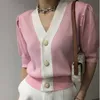 Camiseta de mujer Ropa de moda coreana Chaqueta de punto de punto Camiseta Mujer Camisetas de manga corta delgada Mujer Verano Cuello en V Tops Camiseta rosa Femme 230802